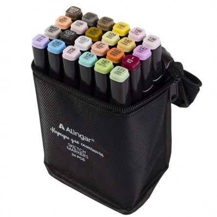 Набор двухсторонних скетчмаркеров Alingar, 24 цвета, серые- пастельные, пулевидный/клиновидный 1-6 мм, спиртовая основа, сумка-чехол фото 2
