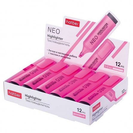 Текстовыделитель, розовый, HATBER, "Neo" флуоресцент 12 штук, картонная упаковка фото 2