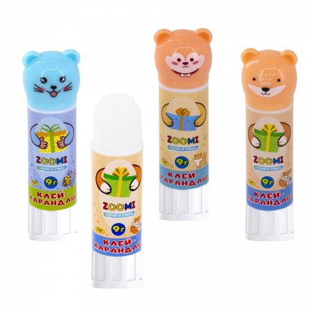 Клей-карандаш ZOOMI, 9 гр х 3 шт, "Играй и учись", на основе PVP, фигурный колпачок-животные, зип-пакет фото 1