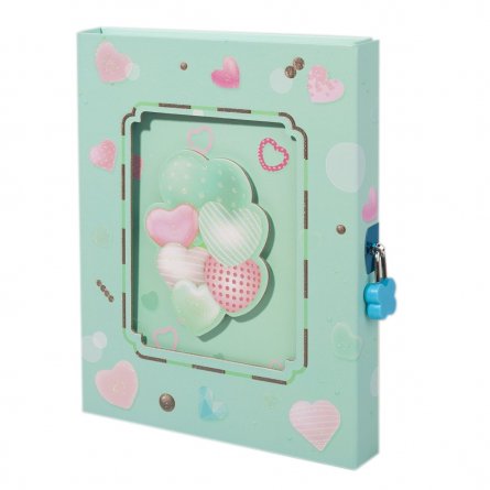 Подарочный блокнот в футляре 17,0 см * 22,0 см, гребень, Alingar, мел.картон, апплик., замочек,  60 л., линия, "Воздушные сердечки", мятный фото 1