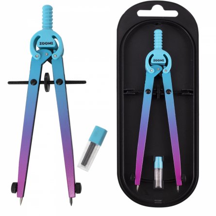 Готовальня ZOOMI, 2 предмета, металлический циркуль 125 мм, грифель, пластиковый футляр, европодвес, бирюзово-сиреневый градиент фото 1