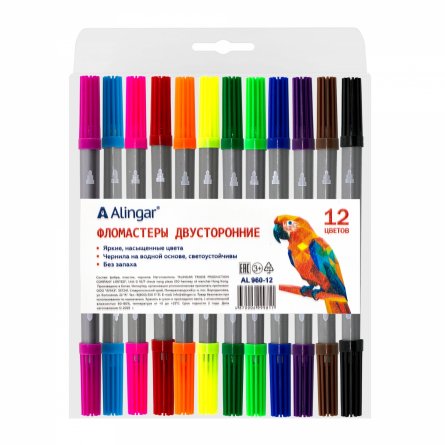 Фломастеры двухсторонние, 12 цв, Alingar, смываемые чернила, корпус круглый, "Time to create", вентилируемый колпачок, упаковка ПВХ, европодвес фото 1