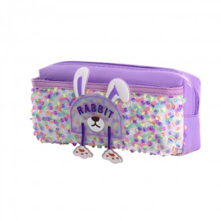 Пенал - косметичка Alingar, ПВХ, пайетки, молния, боковой карман, 90 х 200 мм, "Rabbit", фиолетовый (ушки и лапки) фото 1