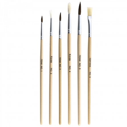 Набор кистей Alingar, 6 шт., пони №1, №3, №5, коза №2, №4, щетина №6,плоские, деревянная ручка, блистер, европодвес фото 2