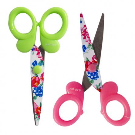 Ножницы детские Alingar, 13 см, пластиковые ручки, принт на лезвии, закругленные концы, "Цветочный микс", три цвета, картонный стенд фото 2