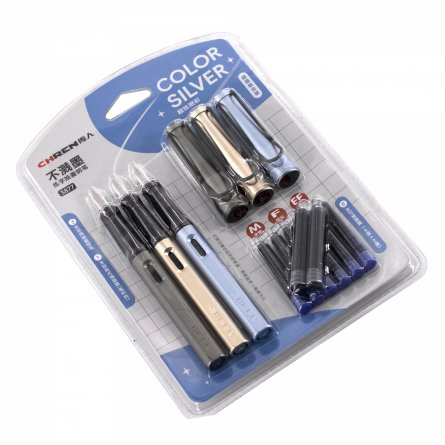 Набор перьевых ручек с картриджем Alingar, толщина пера M, F, EF, 3 ручки, 8 картриджей (6 син + 2 черн), цвет корпуса хаки, золотой, голубой фото 2