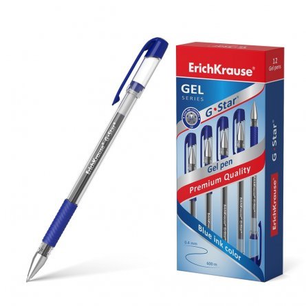 Ручка гелевая Erich Krause "G-Star Classic-", 0,5 мм, синий, метал. наконеч., резиновый грип, прозрачный круглый корпус, картонная упаковка, 12шт фото 1