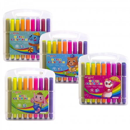 Фломастеры, 18 цв, Yalong, корпус трехгранный, пулевидный наконечник, "Забавные животные" вентилируемый колпачок, пластиковый пенал, европодвес фото 2