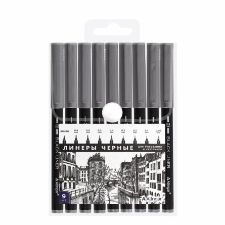 Набор линеров Alingar, черные 9 шт., 0,05-2.0 мм, черный цвет. корпус, ПВХ упаковка фото 1