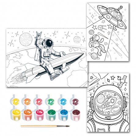 Набор Луч, гелевые краси флуоресцентные  с блестками, раскраска, кисть №3, "Космонавты" фото 2