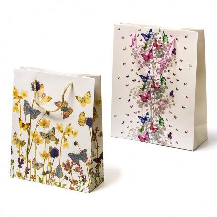Пакет подарочный бумажный 320*260*100мм,"Полевые цветы и бабочки", глитер,ассорти фото 3