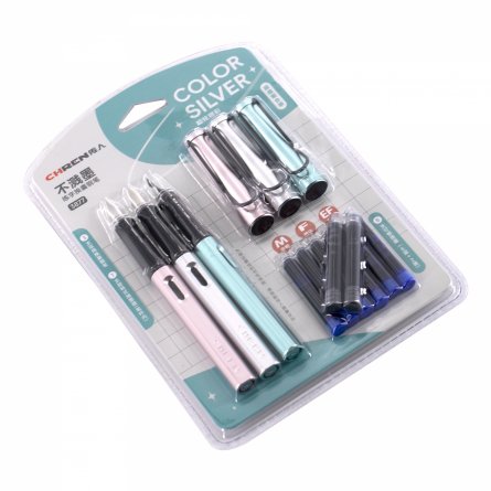 Набор перьевых ручек с картриджем Alingar, толщина пера M, F, EF, 3 ручки, 8 картриджей (6 син + 2 черн), цвет корпуса розовый, серебро, бирюзовый фото 2