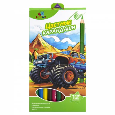 Карандаши цветные ZOOMI 12 цв., "Машина", пластиковые, шестигранные, заточенные, грифель 2.8 мм, картон. коробка фото 3