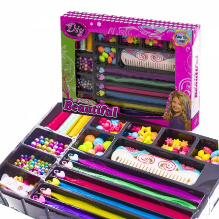 Набор для создания украшений-бусины Alingar, 280х200х45, "Beautiful 2", 10вид.бус,1х1,5м леска,пряди,гребень,шнур, резин. для волос, крючок, карт. уп. фото 1