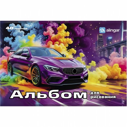 Альбом для рисования А4 40л. Alingar ,на скрепке ,мелованный картон(стандарт) 210г/м2, офсет 100 г/м2,, Авто в городе", 2 дизайна в пленке т/у фото 2