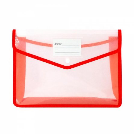 Папка-конверт на кнопке Alingar, A4, 250х330х75 мм, 450 мкм, горизонтальная, карман для визитки, красный цвет, прозрачная фото 1