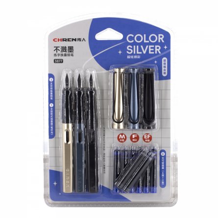 Набор перьевых ручек с картриджем Alingar, толщина пера M, F, EF, 3 ручки, 8 картриджей (6 син + 2 черн), цвет корпуса синий, золотой, черный фото 1