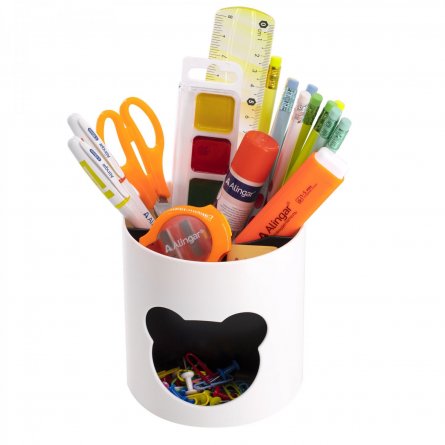 Подставка-стакан для канцтоваров Alingar, пластиковая, круглая, "Медвежонок", бело-черный фото 1
