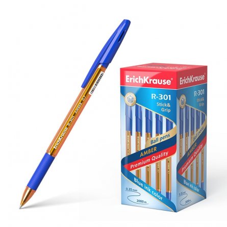 Ручка шариковая Erich Krause"R-301 Amber Stick&Grip", 0,7 мм, синяя, резинов. грип, шестигранный, оранжевый, пластиковый корпус, картонная упаковка фото 1