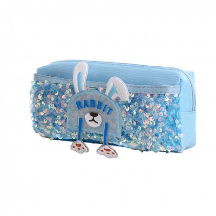 Пенал - косметичка Alingar, ПВХ, пайетки, молния, боковой карман, 90 х 200 мм, "Rabbit", голубой (ушки и лапки) фото 1