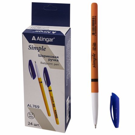 Ручка шариковая Alingar "Simple", 1 мм, синяя, игольчатый наконечник, круглый, оранжевый, пластиковый корпус, картонная упаковка фото 1