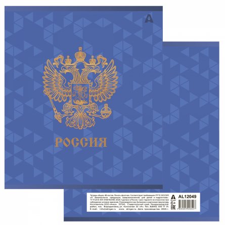 Тетрадь 48л, А5, клетка, Alingar, "Символика России", скрепка,мелованный картон (стандарт), выб УФ лак,  блок офсет, 5 дизайнов в пленке т/у фото 6