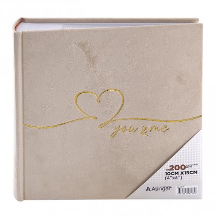Фотоальбом, Alingar, 22х22.5х5 см, "You&Me", 50 листов, бежевый, для 200 фото формата 10х15 см, экозамша, золотая фольга, поля для текста, карт.короб фото 3