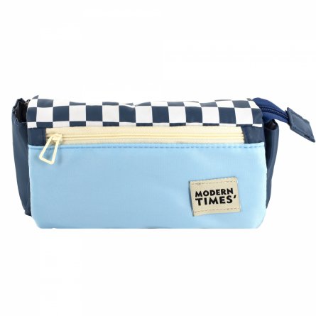 Пенал - косметичка Alingar, ткань, молния, боковой карман, липучка, 200 х 90 х 45 мм, "Modern TIMES", синий/голубой, дизайн клетка, европодвес фото 1