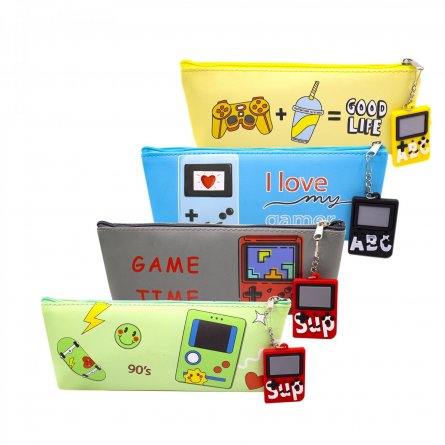 Пенал - косметичка Alingar, ПВХ, молния, 80 х 200 мм, брелок, "GAME",  микс (зелен,серый, голуб,желт), игра - тетрис фото 1