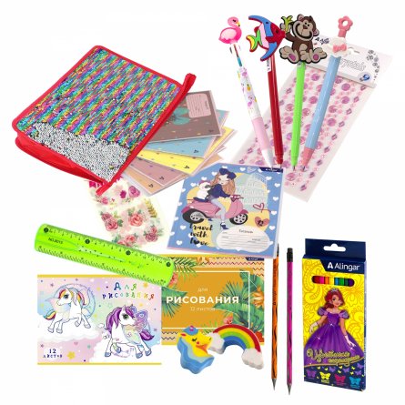 Набор канцелярии для девочки Alingar, "Colorful", 35 предметов, папка с пайетками на молнии, т/у пленка фото 1