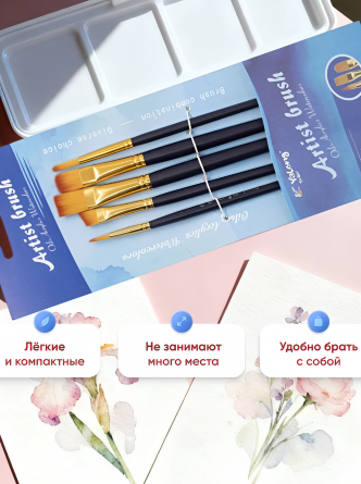 Набор кистей Yalong, 5 шт, нейлон, круглые №2, №4, плоские №6, №10, №12, деревянная ручка, блистер, европодвес. фото 4