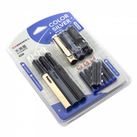 Набор перьевых ручек с картриджем Alingar, толщина пера M, F, EF, 3 ручки, 8 картриджей (6 син + 2 черн), цвет корпуса синий, золотой, черный фото 2