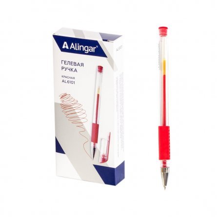 Ручка гелевая Alingar, 0,5 мм, красная, металлизированный наконечник, резиновый грип, круглый, прозрачный, пластиковый корпус,12 шт., карт. уп. фото 1