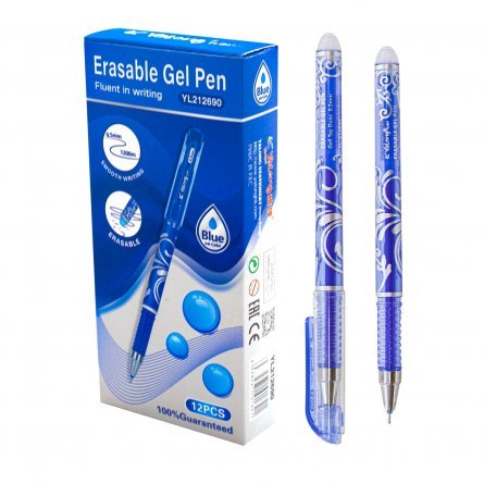 Ручка гелевая пиши-стирай Yalong ,0,5 мм, синяя, игольчатый наконечник, круглый прозрачный, с узором пластиковый корпус 12 шт, картон.уп. фото 1