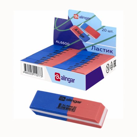 Ластик Alingar, синтетический каучук, прямоугольный, скошенный, сине-красный, 60*20*8 мм, картонная упаковка ,20 шт. фото 1