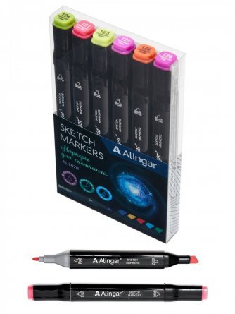 Набор двухсторонних скетчмаркеров Alingar, 6 цветов, флюоресцентные, пулевидный/клиновидный 1-6 мм, спиртовая основа, ПВХ упаковка фото 1