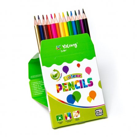 Цветные карандаши 12 цв.,трехгран., деревян. корпус, грифель 0,3мм ., картонная коробка с европодвес